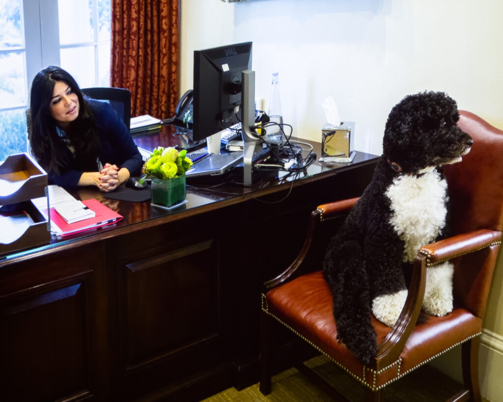 The Obama's dog Bo and a White House staffer. One of many photos presented by Pete Souza in Madison, Wis., on Sept. 27, 2022.