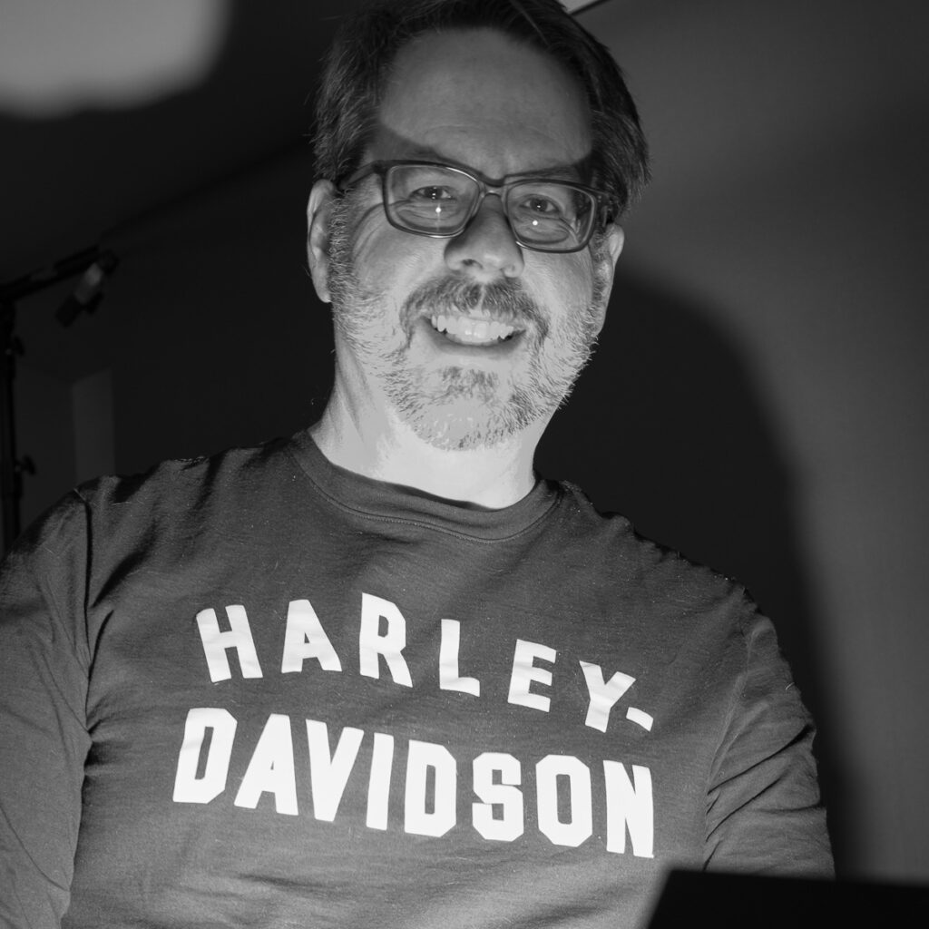 b&w portrait with Harley Davidson t-shirt