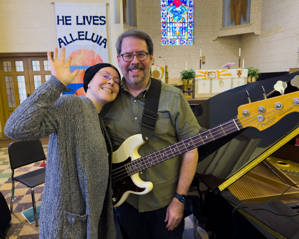 Playing electric bass guitar in church